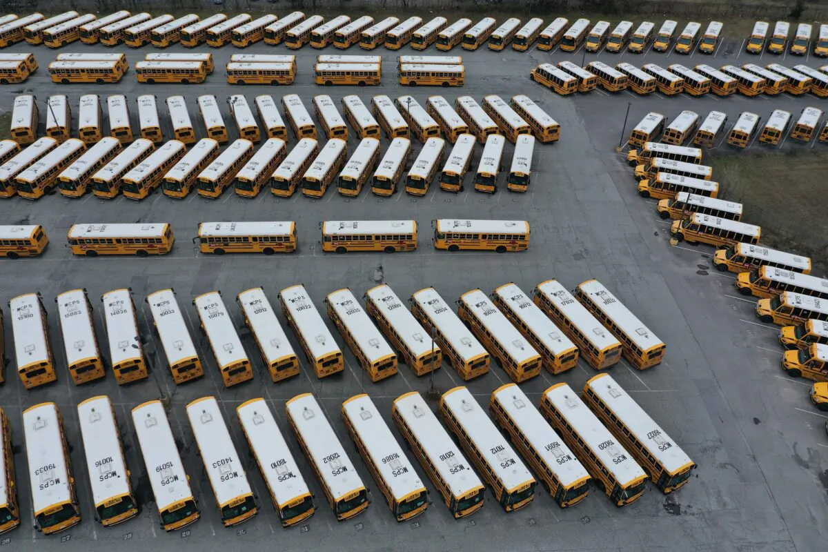 School buses are parked in Montgomery County, Md., in a file photograph. (Chip Somodevilla/Getty Images)