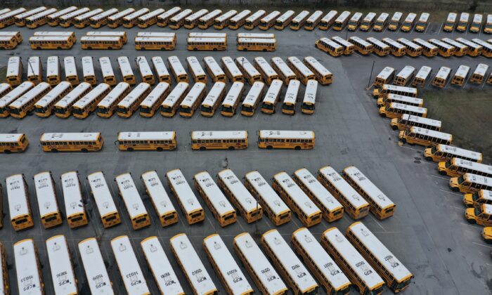 School buses are parked in Montgomery County, Md., in a file photograph. (Chip Somodevilla/Getty Images)