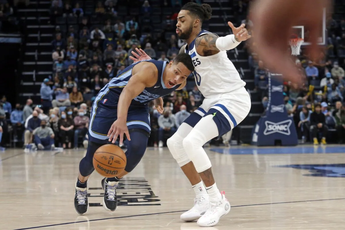Memphis Grizzles guard Desmond Bane (22) drives to the basket as Minnesota Timberwolves guard D'Angelo Russell (0) defends during the second half at FedExForum in Memphis, Tenn., on Jan. 13, 2022. (Petre Thomas/USA TODAY Sports via Field Level Media)