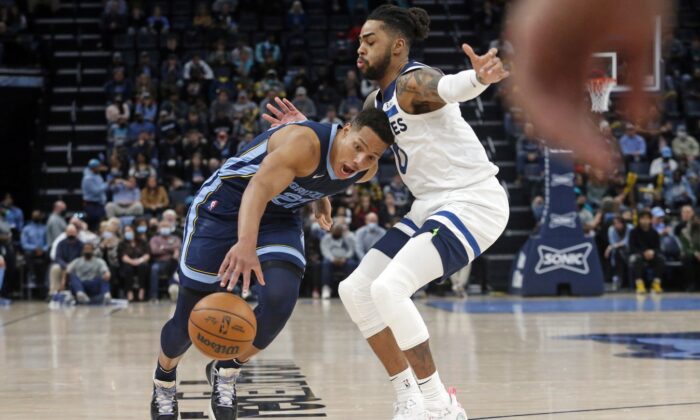 Memphis Grizzles guard Desmond Bane (22) drives to the basket as Minnesota Timberwolves guard D'Angelo Russell (0) defends during the second half at FedExForum in Memphis, Tenn., on Jan. 13, 2022. (Petre Thomas/USA TODAY Sports via Field Level Media)