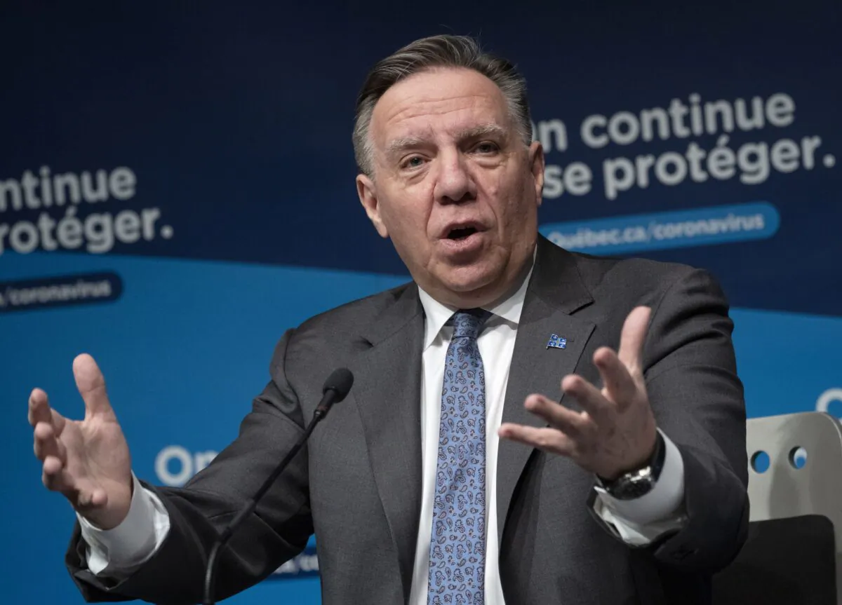 Quebec Premier Francois Legault speaks at a COVID-19 press briefing in Montreal on Jan. 13, 2022. (The Canadian Press/Ryan Remiorz)