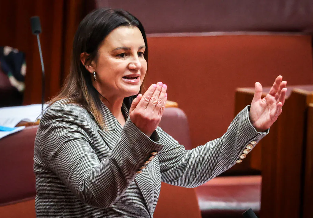 Senator Jacqui Lambie reacts as she speaks in the Australian Senate at Parliament House in Canberra, Australia on September 3, 2020  .  (Photo by David Gray/Getty Images)