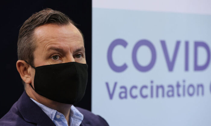 Western Australia Premier Mark McGowan at the COVID-19 Vaccination Clinic at Claremont Showgrounds in Perth, Australia on May 3, 2021. (Paul Kane/Getty Images)