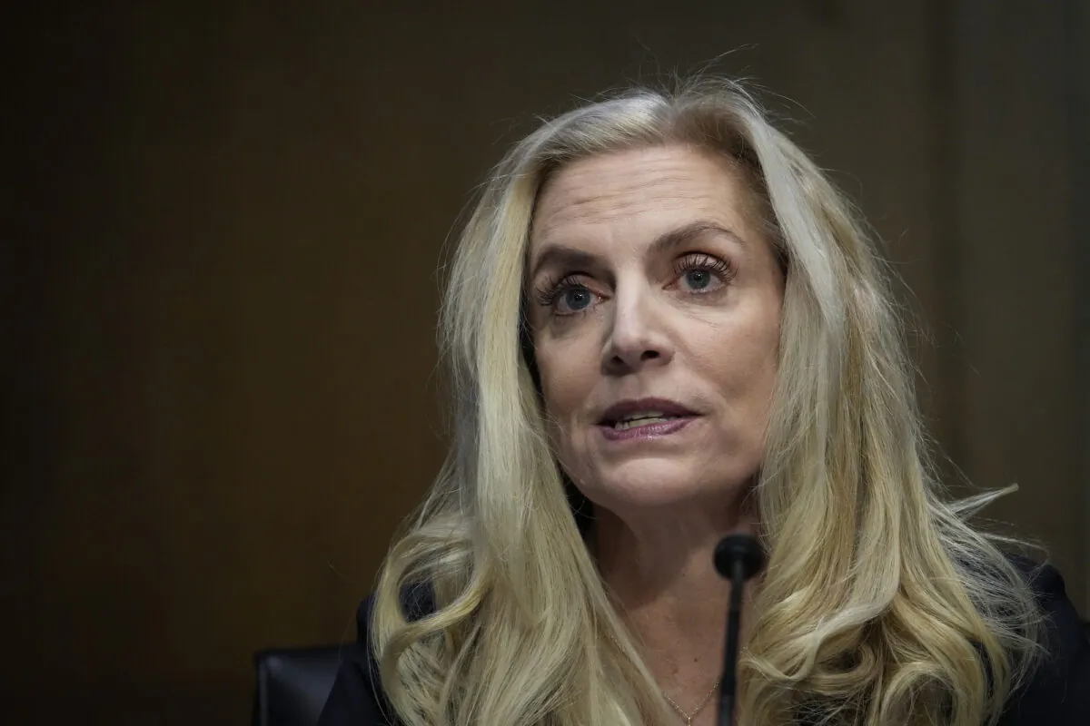 Lael Brainard, Federal Reserve governor and President Bidens nominee to be the new vice-chair of the Federal Reserve, speaks during her nomination hearing with the Senate Banking Committee on Capitol Hill in Washington, on Jan. 13, 2022. (Drew Angerer/Getty Images)