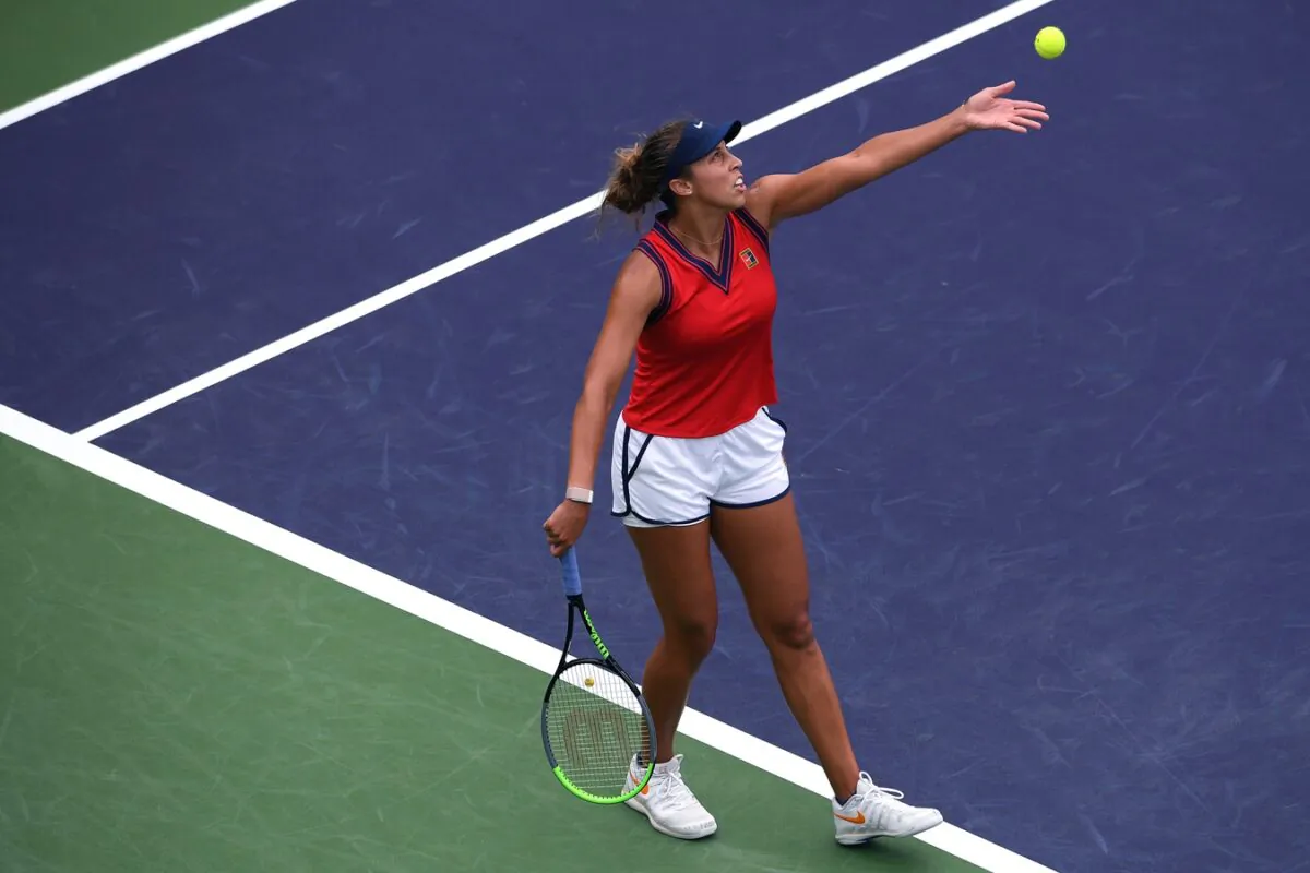 Madison Keys (USA) serves to Anastasia Pavlyuchenkova (RUS) at Indian Wells Tennis Garden, in Indian Wells, Calif., on Oct. 8, 2021. (Orlando Ramirez/USA TODAY Sports via Field Level Media)