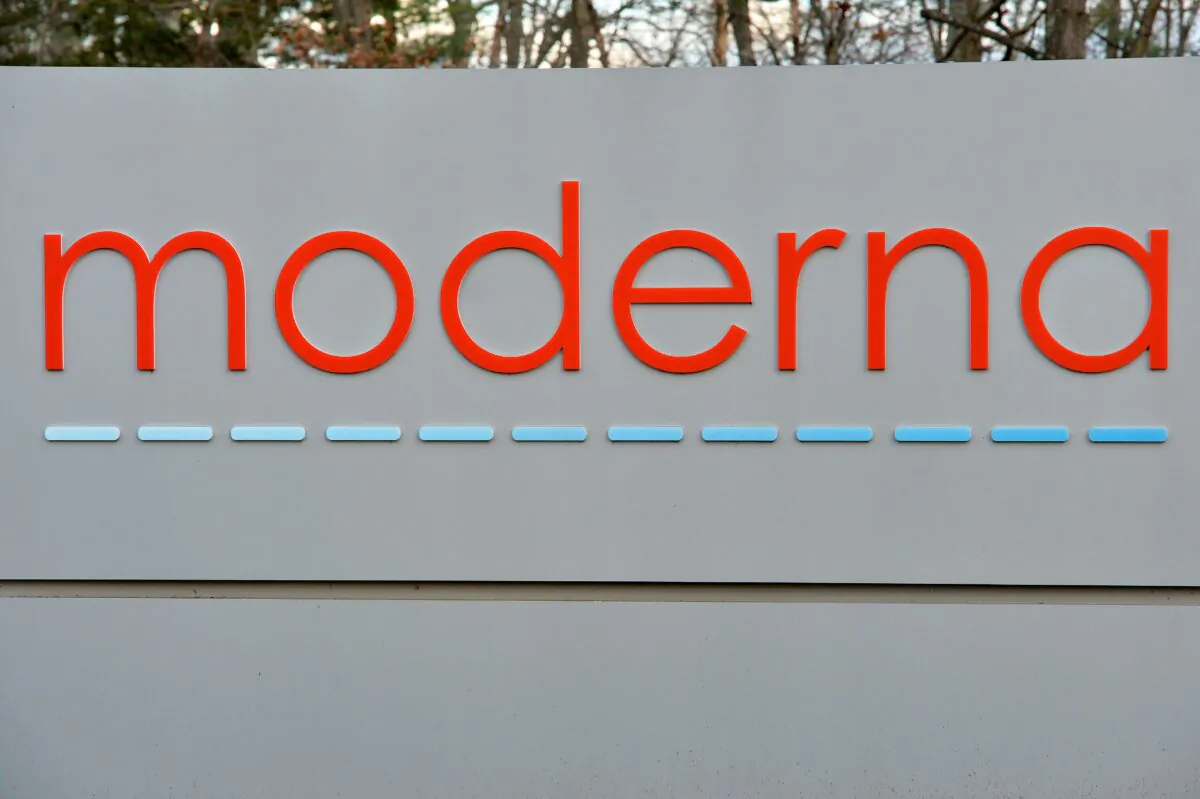 The Moderna logo is seen at the Moderna campus in Norwood, Mass., on Dec. 2, 2020. (Joseph Prezioso/AFP via Getty Images)
