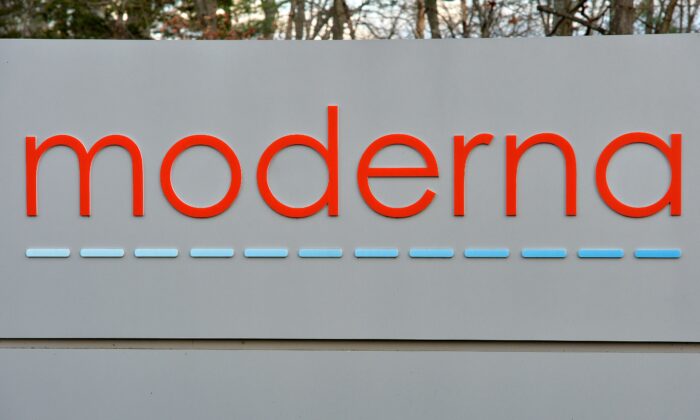The Moderna logo is seen at the Moderna campus in Norwood, Mass., on Dec. 2, 2020. (Joseph Prezioso/AFP via Getty Images)