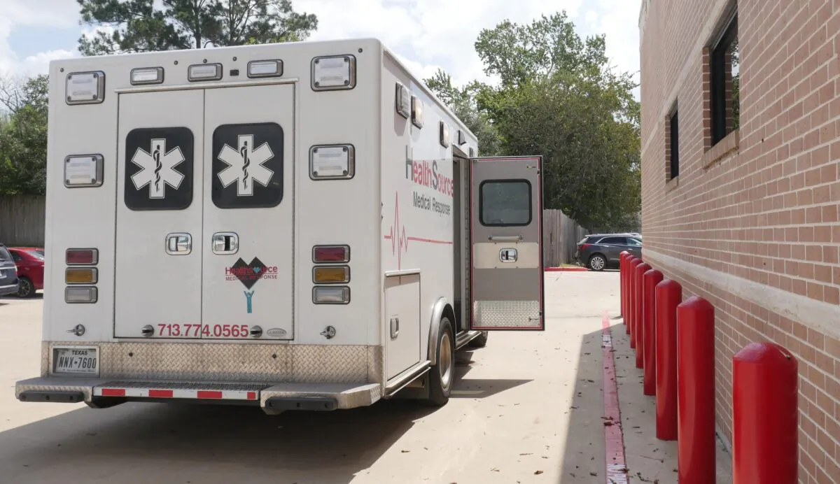 An ambulance is parked outside the Bellville Medical Center after dropping off a patient, in Bellville, Texas, on Sept. 1, 2021. (Francois Picard/AFP via Getty Images)