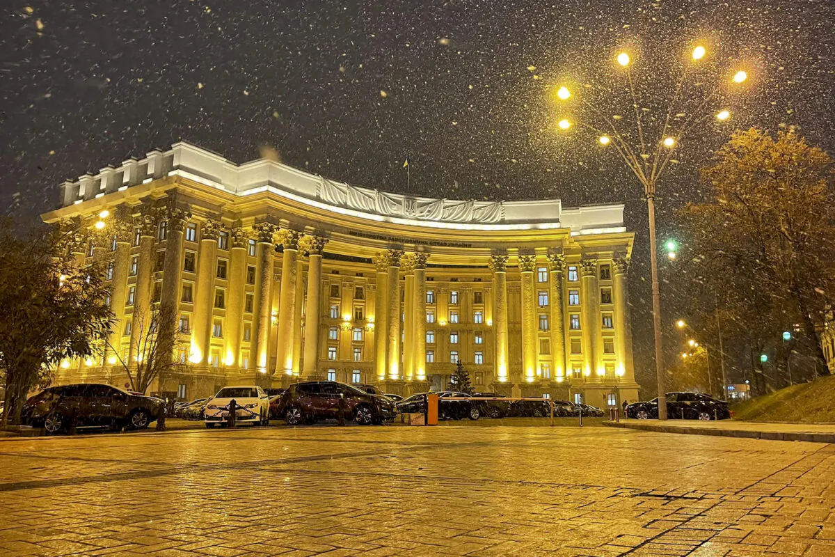 The building of Ukrainian Foreign Ministry during snowfall in Kyiv, Ukraine, in an undated photo. (Ukrainian Foreign Ministry Press Service via AP)