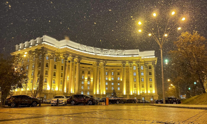 The building of Ukrainian Foreign Ministry during snowfall in Kyiv, Ukraine, in an undated photo. (Ukrainian Foreign Ministry Press Service via AP)