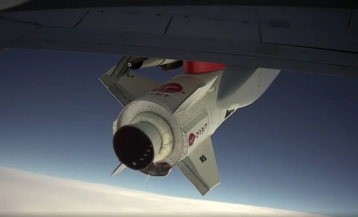 A view from outside of the plane carrying the Virgin Orbit rockets, before the plane drops the rocket, on Jan. 13, 2022. (Courtesy of Virgin Orbit via AP/Screenshot via The Epoch Times)