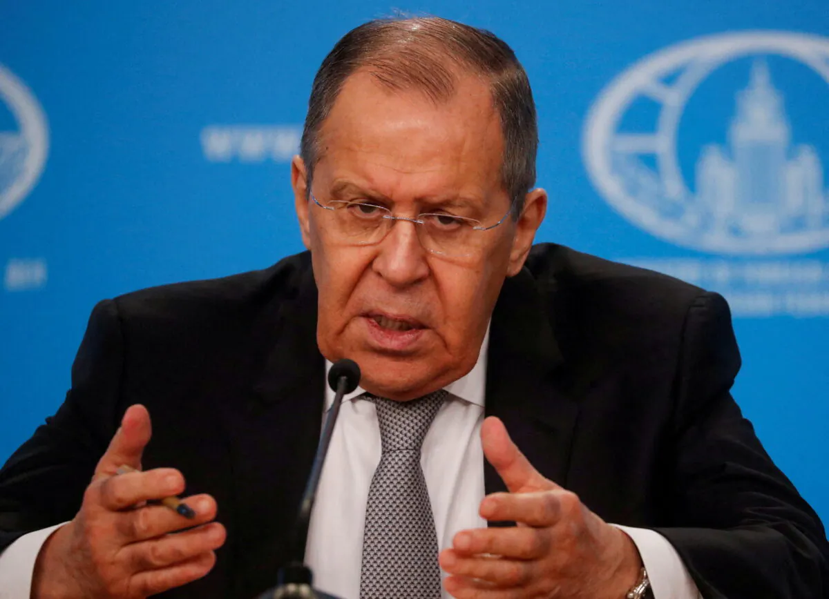 Russian Foreign Minister Sergei Lavrov speaks during a news conference in Moscow, Russia on Jan. 14, 2022. (Maxim Shipenkov/Pool via Reuters)
