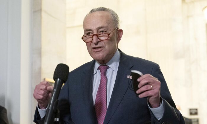 Senate Majority Leader Chuck Schumer (D-N.Y.) speaks to reporters on Capitol Hill in Washington on Jan. 13, 2022. (Jose Luis Magana/AP Photo)