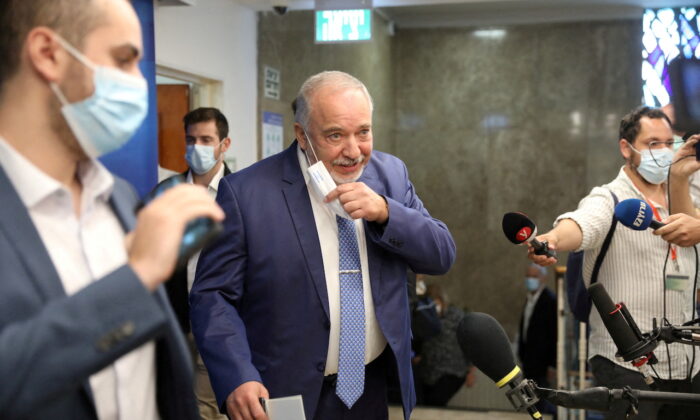 Israeli Finance Minister Avigdor Lieberman speaks to the media during the weekly cabinet meeting at the prime minister's office in Jerusalem on Aug. 1, 2021. (Abir Sultan/Pool via Reuters)