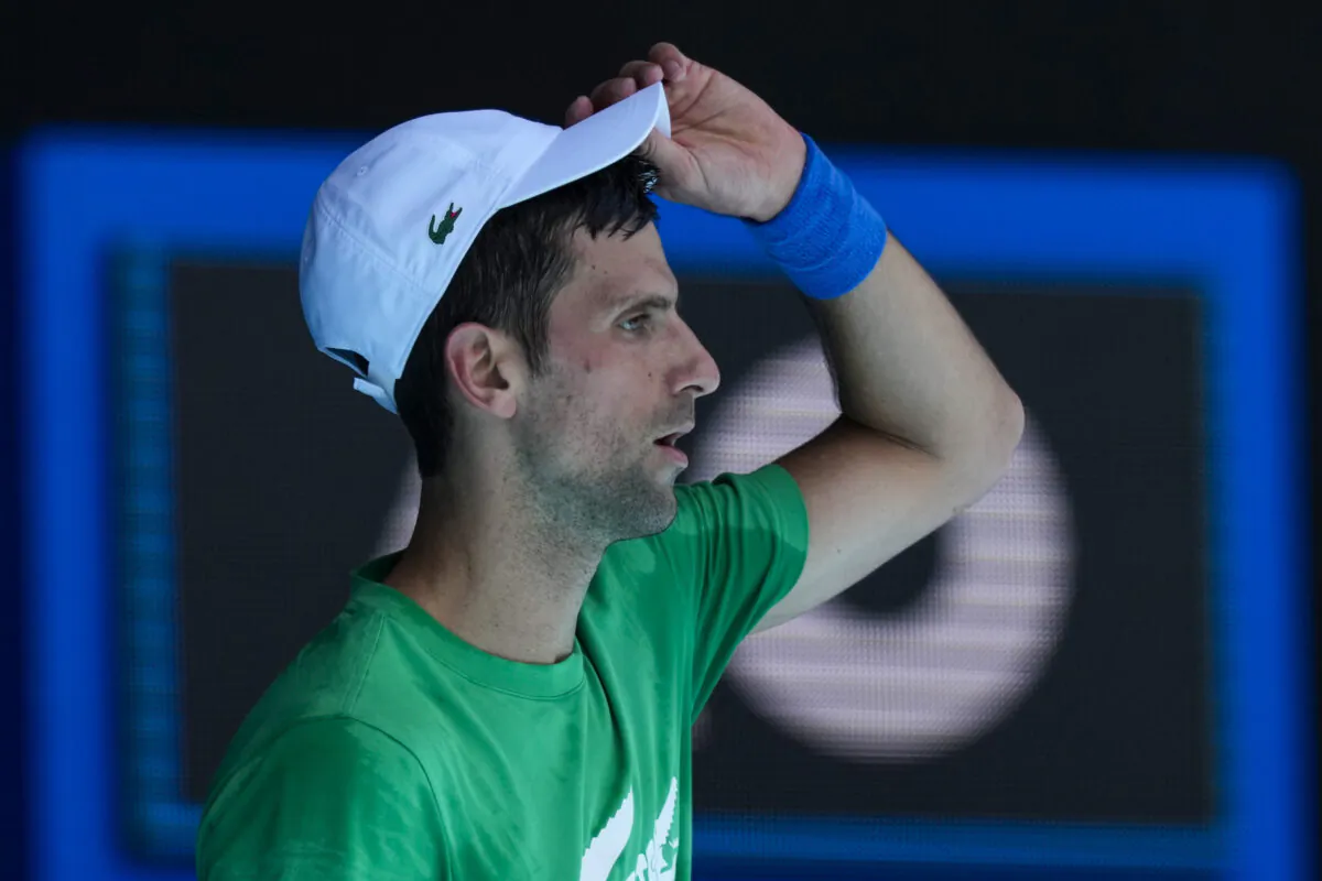 Defending men’s champion Serbia’s Novak Djokovic practices on Margaret Court Arena ahead of the Australian Open tennis championship in Melbourne, Australia, on Jan. 13, 2022. (Mark Baker/AP Photo)