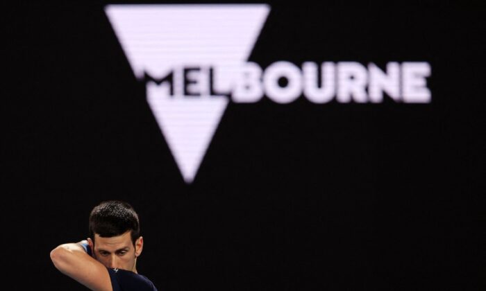 Novak Djokovic of Serbia attends a practice session ahead of the Australian Open tennis tournament in Melbourne, Australia, on Jan. 14, 2022. (Martin Keep / AFP via Getty Images)
