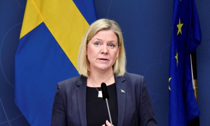 Sweden's Prime Minister Magdalena Andersson presents COVID-19 restrictions during a news conference in Stockholm, Sweden, on Jan. 10, 2022. (TT News Agency/Marko Saavala via Reuters)