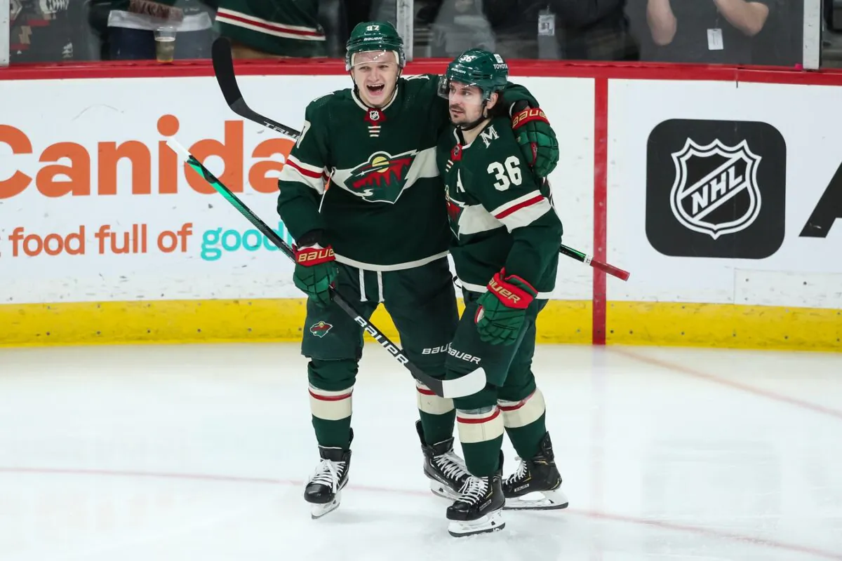 Minnesota Wild right wing Mats Zuccarello (36) celebrates with left wing Kirill Kaprizov (97) after scoring a goal against the Anaheim Ducks in the third period at Xcel Energy Center, in Saint Paul, Minn., on Jan. 14, 2022. (David Berding/USA TODAY Sports via Field Level Media)