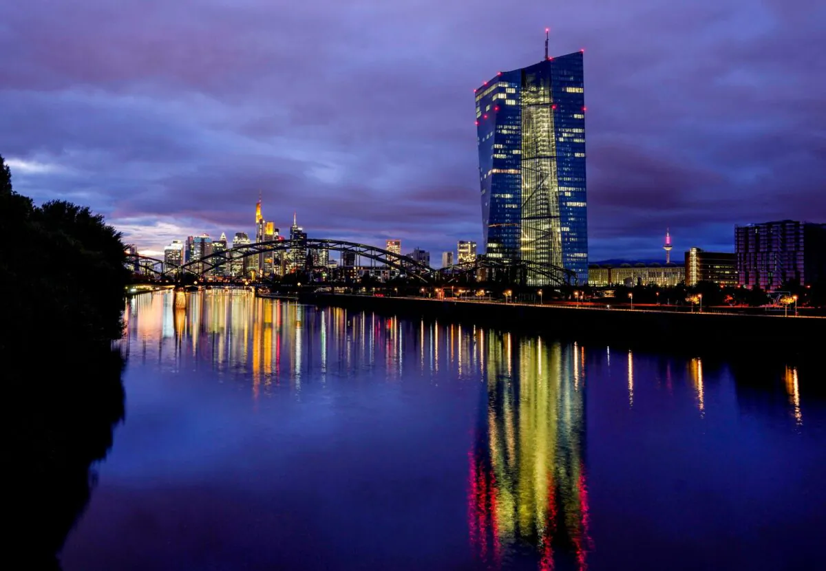 The European Central Bank at the river Main in Frankfurt, Germany, on Oct. 6, 2021. (Michael Probst/AP Photo)