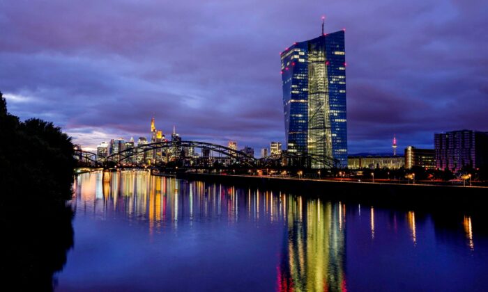 The European Central Bank at the river Main in Frankfurt, Germany, on Oct. 6, 2021. (Michael Probst/AP Photo)