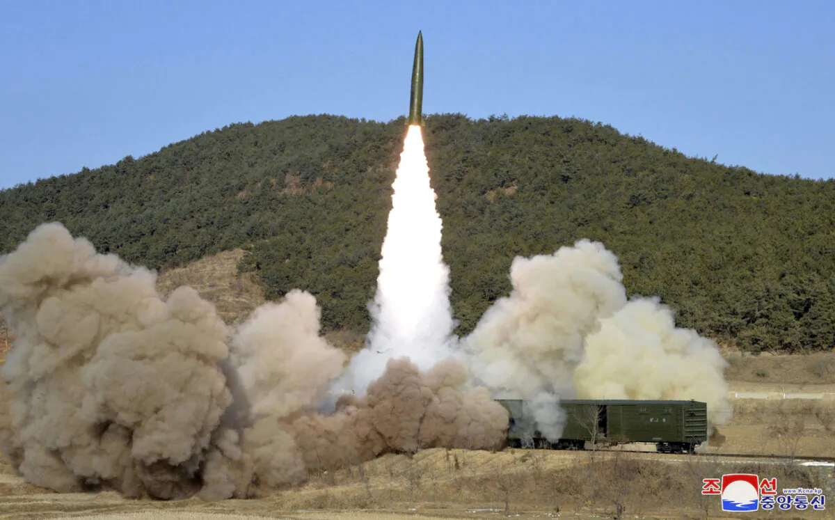 A missile test from railway in North Pyongan Province, North Korea, on Jan. 14, 2022. The content of this image is as provided and cannot be independently verified. (Korean Central News Agency/Korea News Service via AP)
