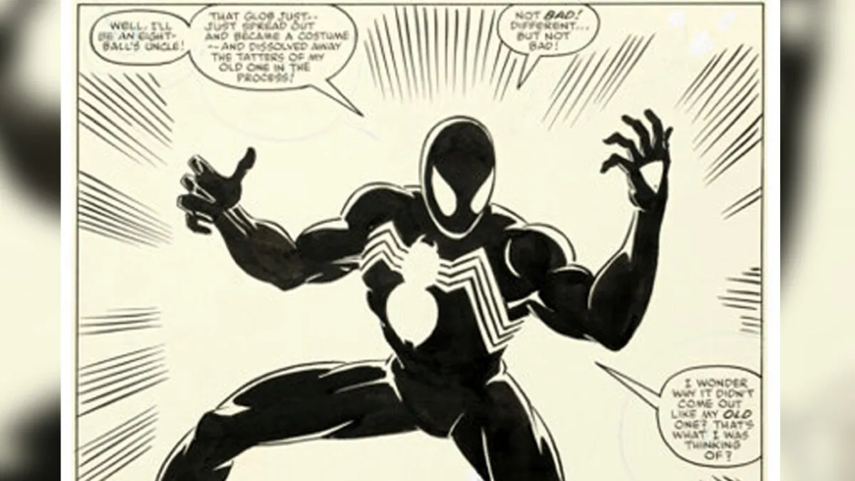 Page 25 from the 1984 Marvel comic Secret Wars No. 8, which tells the origin story of Spider-Man's now-iconic black costume. (Heritage Auctions via AP)