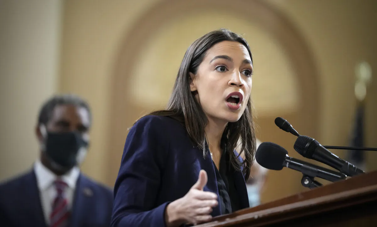 Rep. Alexandria Ocasio-Cortez (D-N.Y.) speaks during a news conference on Capitol Hill on Oct. 26, 2021. (Drew Angerer/Getty Images)