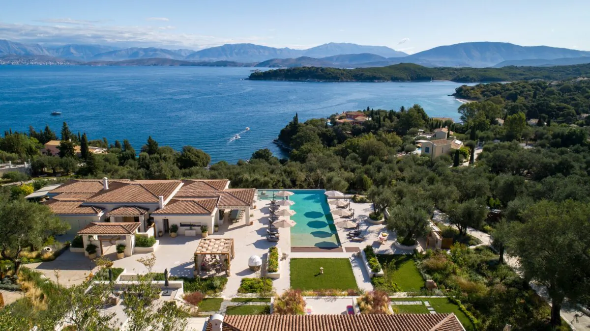 The Magna Grecia estate fronts the Ionian Sea near the quaint fishing village of Kassiopi on Corfu’s eastern shore, facing the Peloponnese. (Courtesy of Sotheby's International Realty - Greece)