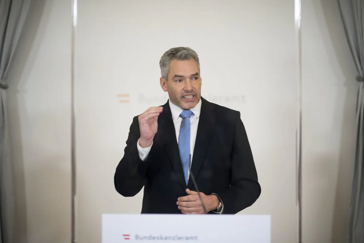 Austrian Chancellor Karl Nehammer presents a bill for a planned compulsory vaccination due to the COVID19-virus at a press conference in Vienna, on Jan. 16, 2021. (Michael Gruber/AP Photo)