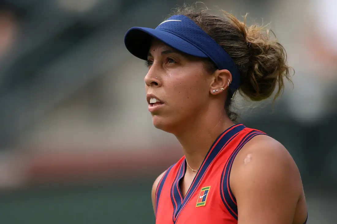 Madison Keys (USA) looks on against Anastasia Pavlyuchenkova (RUS) at Indian Wells Tennis Garden in Indian Wells, Calif., on Oct 8, 2021. (Orlando Ramirez/USA TODAY Sports