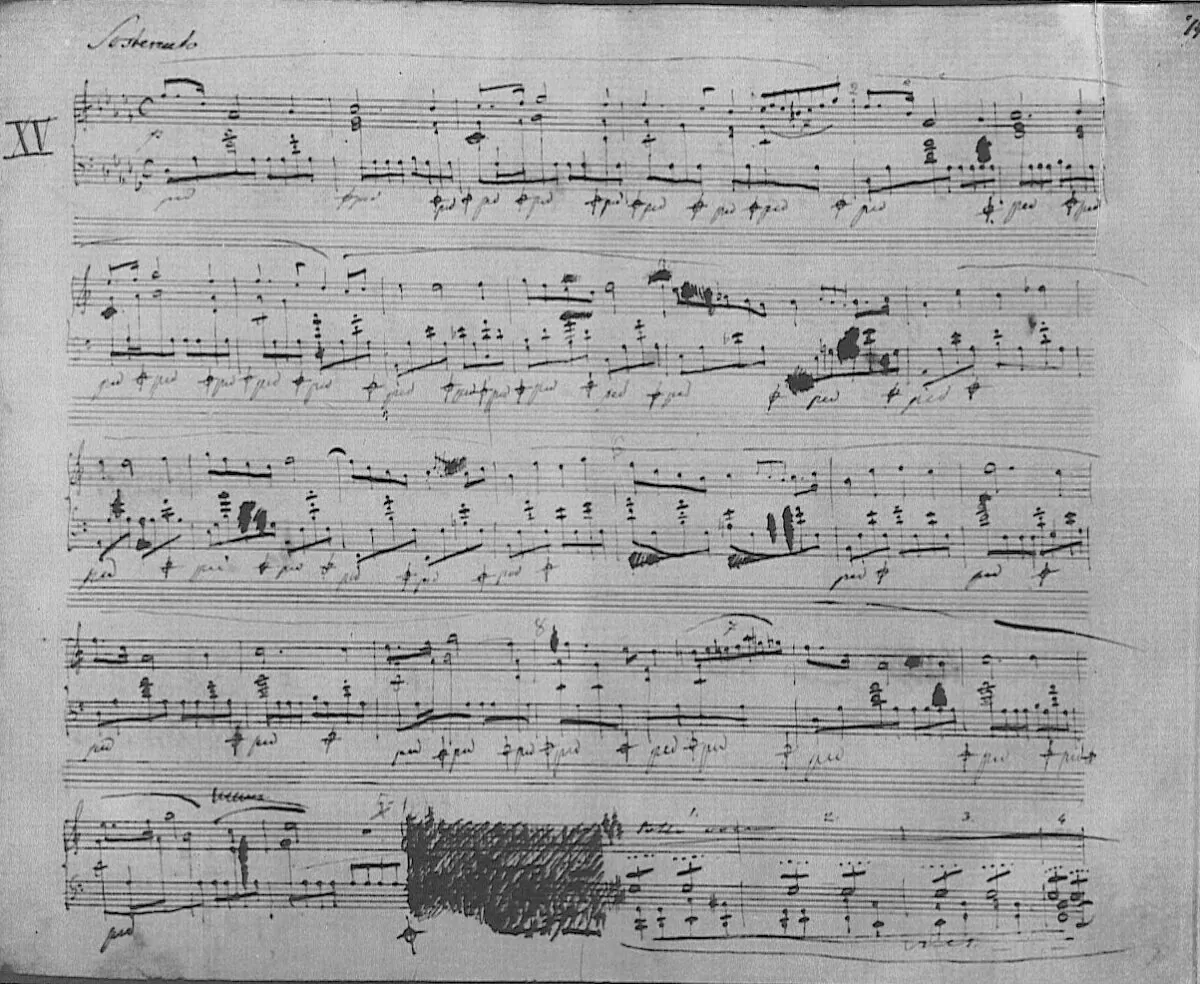 The first page of Chopin's Prelude No. 15, the "Raindrop" in his own hand. (Public Domain)