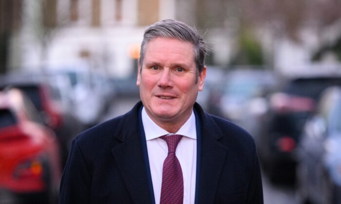 Labour Party leader Sir Keir Starmer leaves his home ahead of the weekly Prime Minister’s Questions session in the House of Commons in London, on Jan. 12, 2022. (Leon Neal/Getty Images)