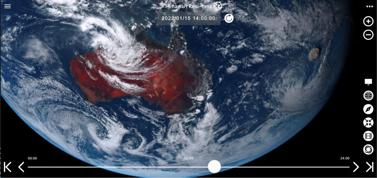A plume rises over Tonga when the underwater volcano Hunga Tonga-Hunga Ha'apai erupted in this satellite image taken by Himawari-8, a Japanese weather satellite operated by Japan Meteorological Agency, and released by National Institute of Information and Communications Technology (NICT), on Jan. 15, 2022. (National Institute of Information and Communications Technology (NICT)/Handout via Reuters)