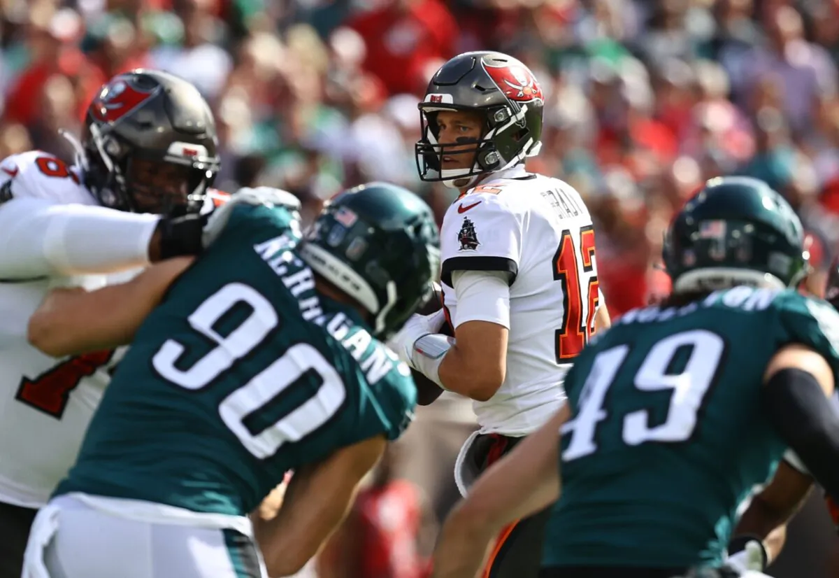 Tampa Bay Buccaneers quarterback Tom Brady (12) drops back against the Philadelphia Eagles during the first quarter in a NFC Wild Card playoff football game at Raymond James Stadium, in Tampa, Fla., on Jan. 16, 2022. (Kim Klement/USA TODAY Sports via Field Level Media)