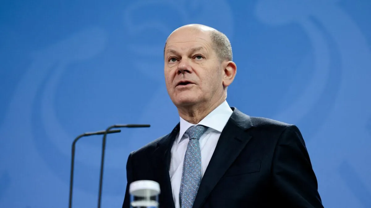 German Chancellor Olaf Scholz speaks during a news conference in Berlin on Jan. 18, 2022. (Hannibal Hanschke/POOL/Reuters)