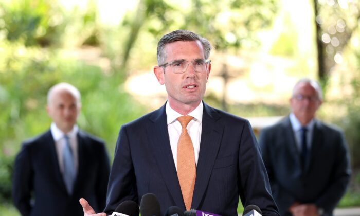 NSW Premier Dominic Perrottet speaks during a press conference in Sydney, Australia, on Jan. 17, 2022. (AAP Image/Brendon Thorne) 