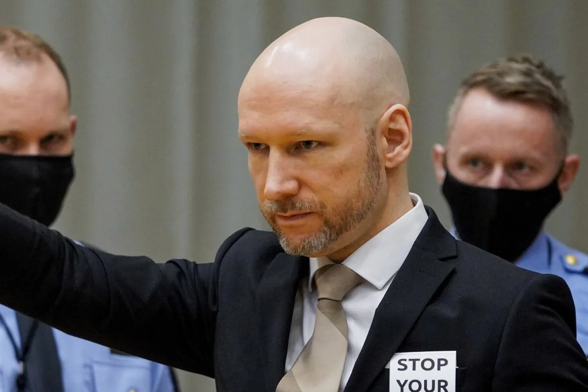Norwegian mass killer Anders Behring Breivik arrives in court, on the first day of a hearing where he is seeking parole, in Skien, Norway, on Jan. 18, 2022. (Ole Berg-Rusten/NTB scanpix via AP)