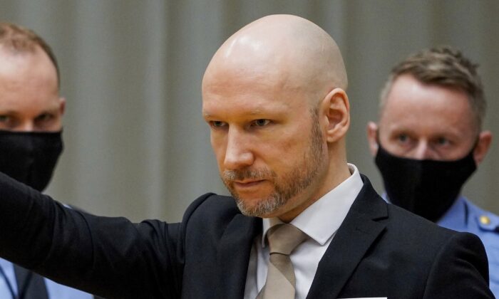 Norwegian mass killer Anders Behring Breivik arrives in court, on the first day of a hearing where he is seeking parole, in Skien, Norway, on Jan. 18, 2022. (Ole Berg-Rusten/NTB scanpix via AP)