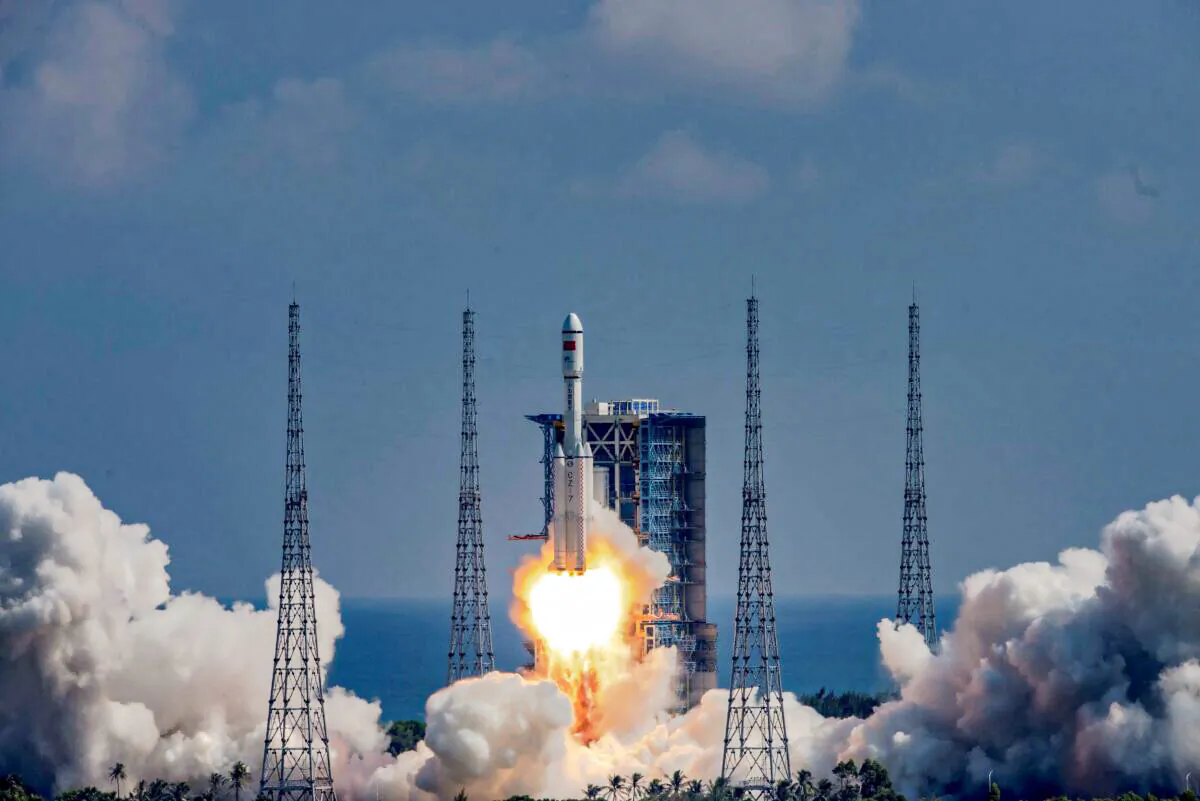 A Long March 7Y4 rocket carrying the Tianzhou 3 cargo ship launches from the Wenchang Space Launch Center on a mission to deliver supplies to China's Tiangong space station, in China's southern Hainan Province, on Sept. 20, 2021. (STR/AFP via Getty Images)