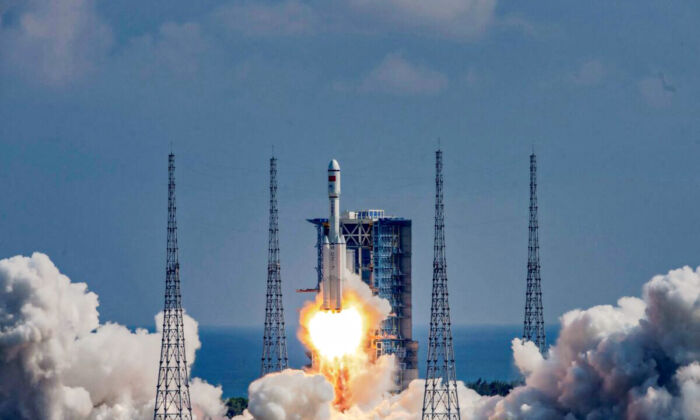 A Long March 7Y4 rocket carrying the Tianzhou 3 cargo ship launches from the Wenchang Space Launch Centre in China's southern Hainan province, on a mission to deliver supplies to China's Tiangong space station on Sept. 20, 2021. (STR/AFP via Getty Images)