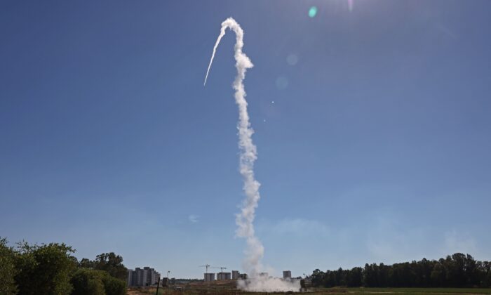 Israel's Iron Dome aerial defense system is launched to intercept rockets launched from the Gaza Strip, above the southern Israeli city of Sderot, on May 18, 2021. (Menahem Kahana/AFP via Getty Images)