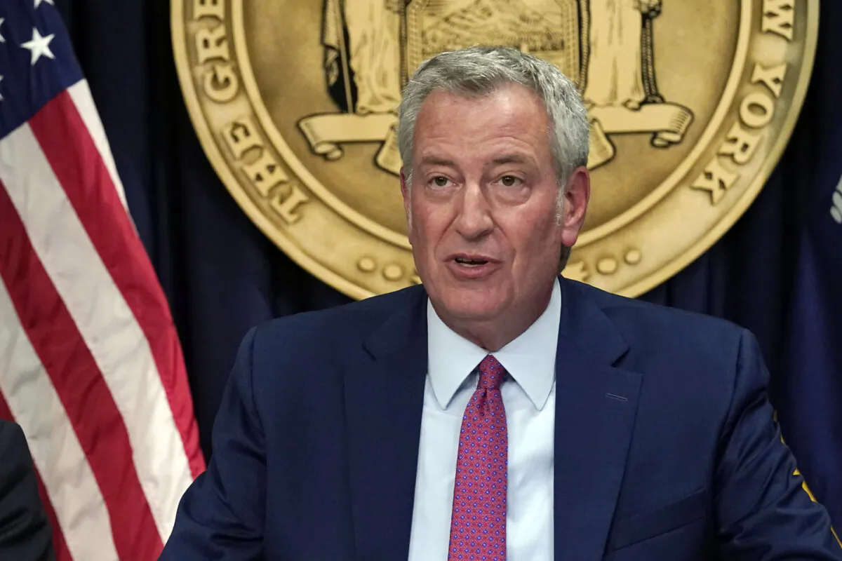 New York Mayor Bill de Blasio speaks during a meeting in New York City on Aug. 3, 2021. (Richard Drew/AP Photo)
