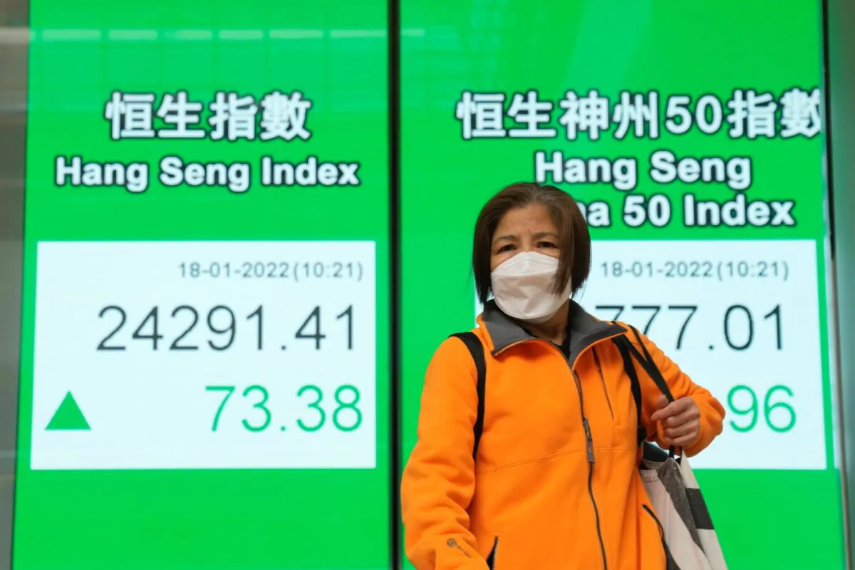 A woman wearing a face mask walks past a bank's electronic board showing the Hong Kong share index in Hong Kong, on Jan. 18, 2022. (Kin Cheung/AP Photo)