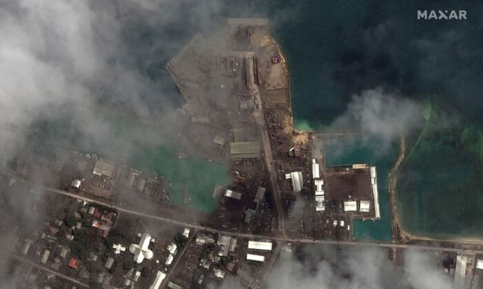 The main port facilities after the main eruption of the Hunga Tonga-Hunga Ha'apai volcano, in Nuku'alofa, Tonga, on Jan. 18, 2022. (Satellite Image ©2022 Maxar Technologies/Handout via Reuters)