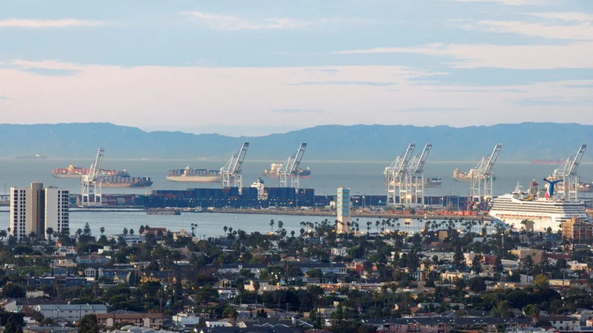 Ships are shown offshore at the port of Long Beach as supply chain problem continue from Long Beach, Calif., on Nov. 22, 2021. (Mike Blake/Reuters)