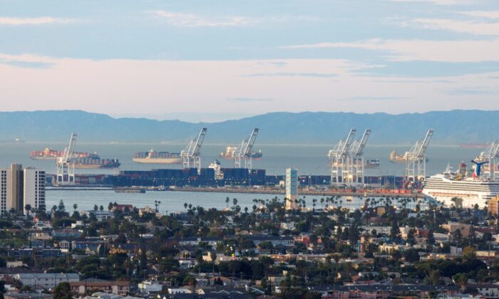 Ships are shown offshore at the port of Long Beach as supply chain problem continue from Long Beach, Calif., on Nov. 22, 2021. (Mike Blake/Reuters)