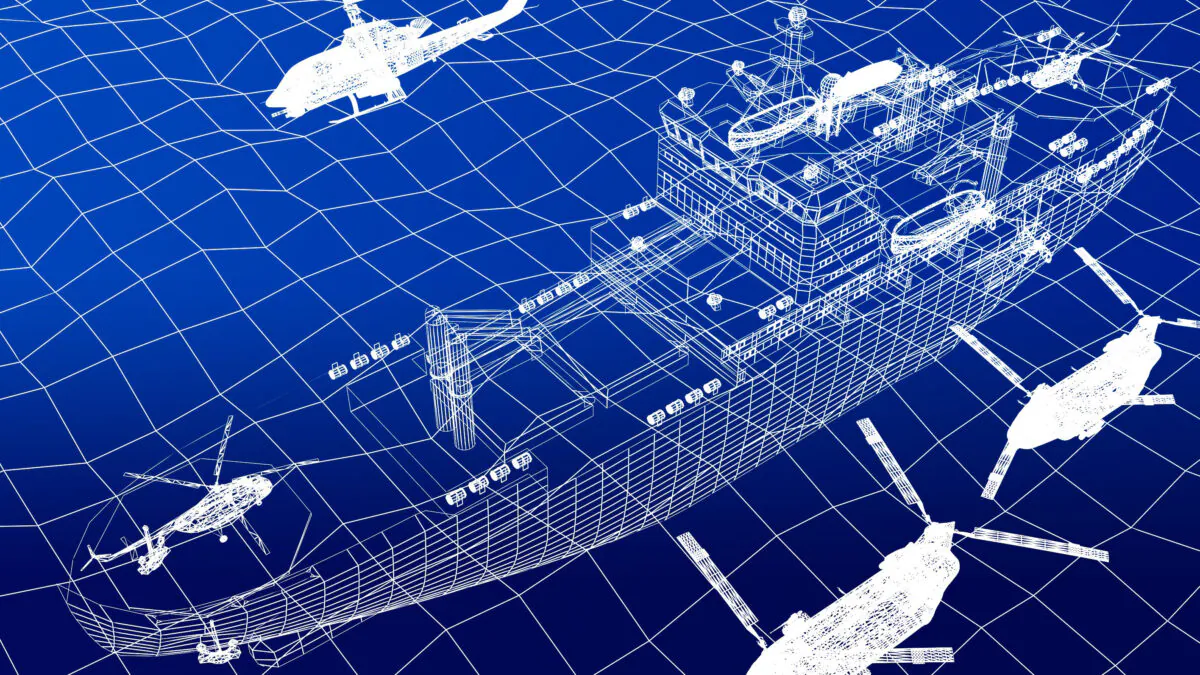 Naval warship in a digital wire frame. (Suwatchai/Adobe Stock)