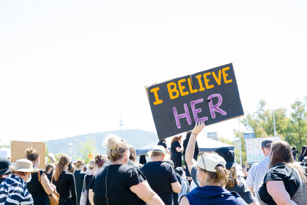 Protesters attend the Womens March 4 Justice Rally  in Canberra, Australia, on March 15, 2021. (Jamila Toderas/Getty Images)