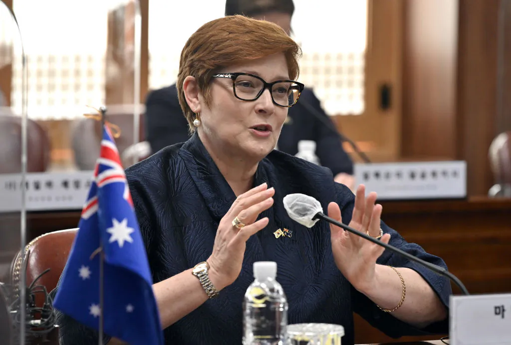 Australia's Foreign Minister Marise Payne speaks during the 2+2 meeting with Australia's Defence Minister Peter Dutton, South Korea's Foreign Minister Chung Eui-yong, and South Korea's Defence Minister Suh Wook at the Foreign Ministry in Seol, South Korea, on Sept. 13, 2021. (Photo by Jung Yeon-Je - Pool/Getty Images)