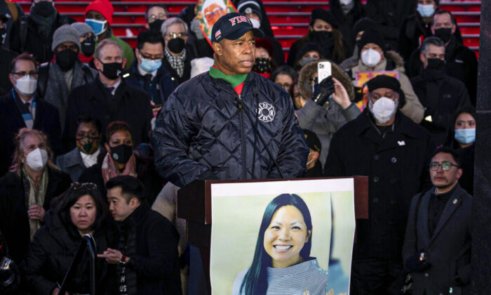 New York City Mayor Eric Adams speaks during the candlelight vigil in honor of Michelle Alyssa Go, a victim of subway attack, at Times Square in New York, on Jan. 18, 2022. (Yuki Iwamura/AP Photo)